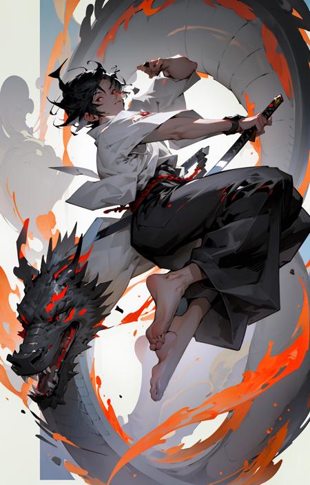 04753-3815464547-letterboxed, male_focus, black_hair, weapon, solo, red_eyes, sandals, 1boy, japanese_clothes, sword, illustration.media,  ,actio.png